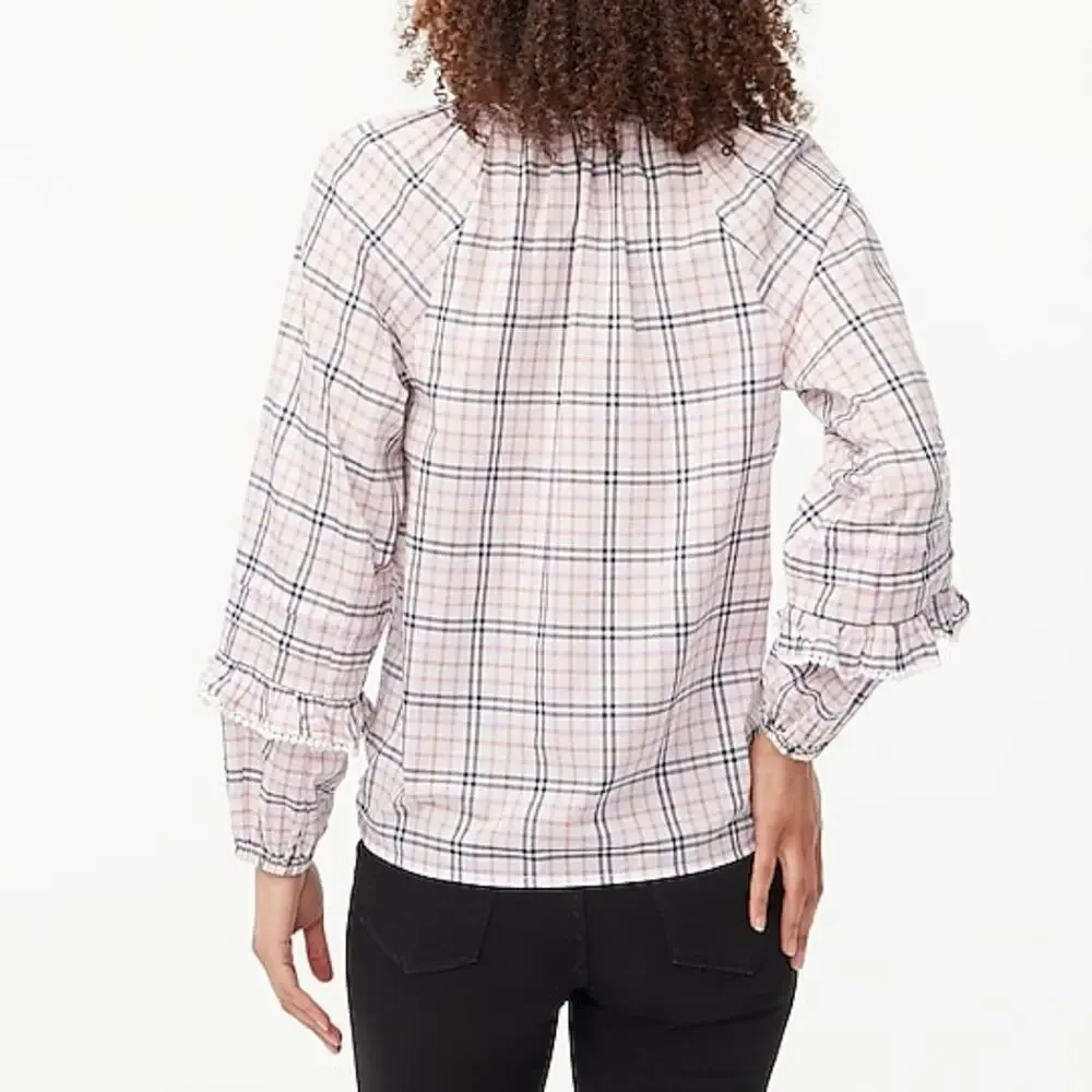J. Crew Factory - Plaid ruffle long sleeve pink gray peasant blouse - Medium